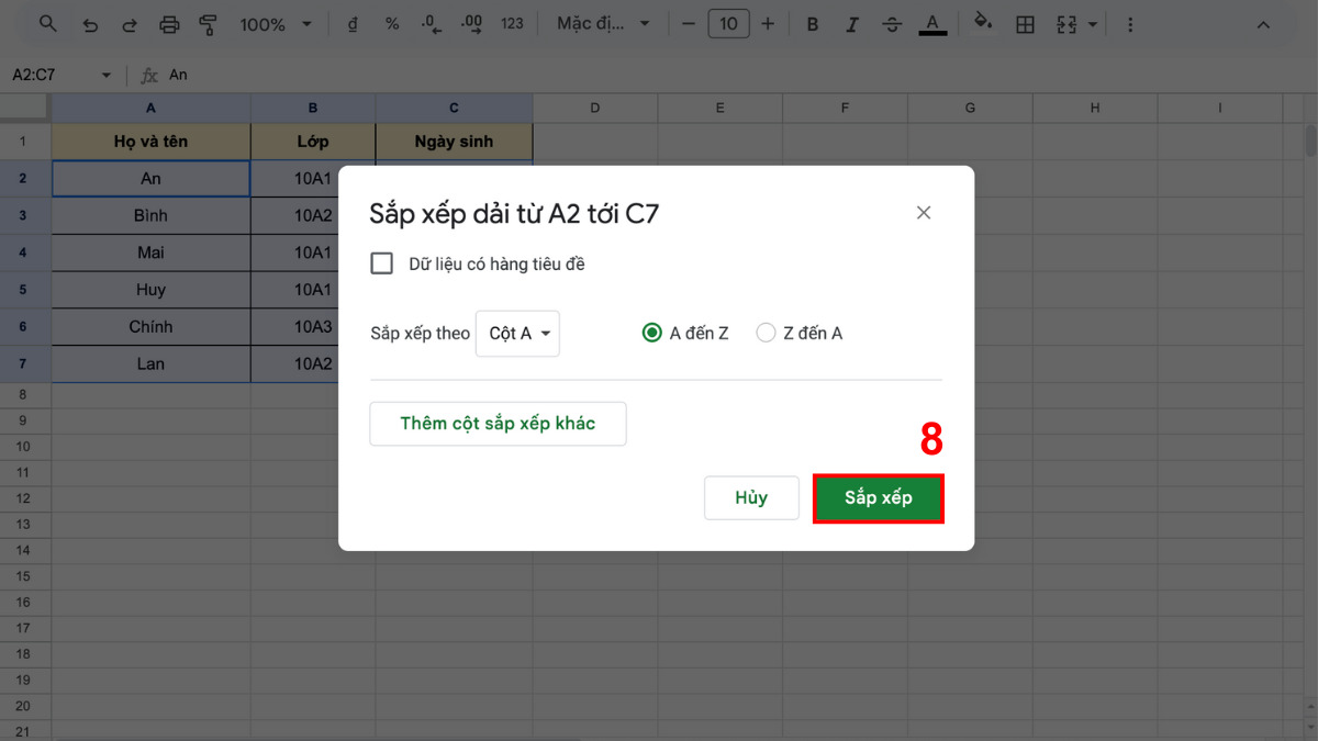 Sắp xếp bằng cách sử dụng các tùy chọn có sẵn bước 4