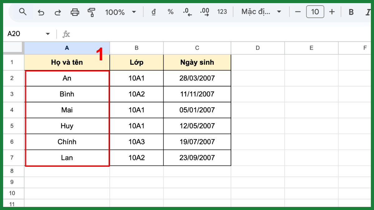 Cách sắp xếp tên theo ABC trong Google Sheet cho dữ liệu một cột bước 1