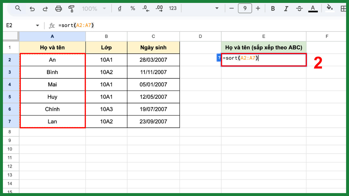 Cách sắp xếp tên theo ABC trong Google Sheet cho dữ liệu một cột bước 2