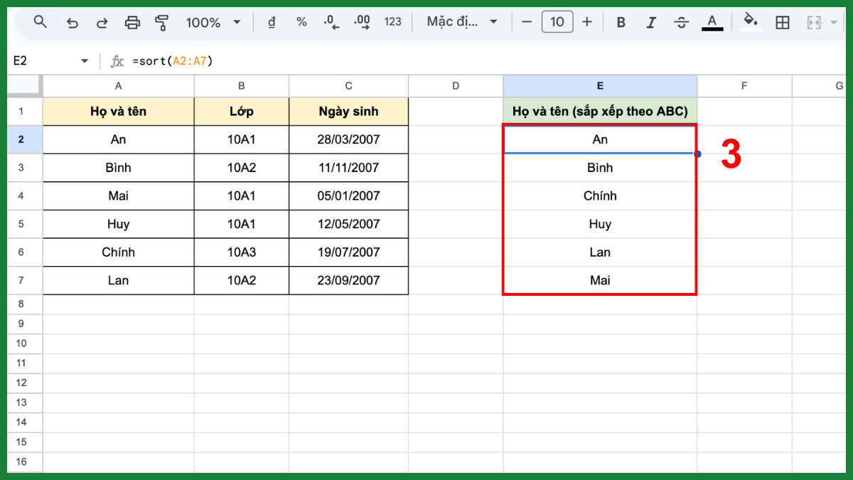 Cách sắp xếp tên theo ABC trong Google Sheet cho dữ liệu một cột bước 3