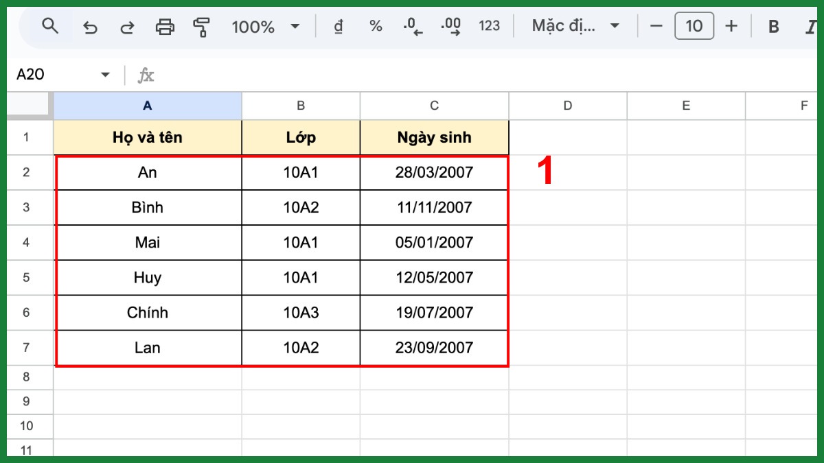 Cách sắp xếp tên theo ABC trong Google Sheet cho dữ liệu nhiều cột bước 1