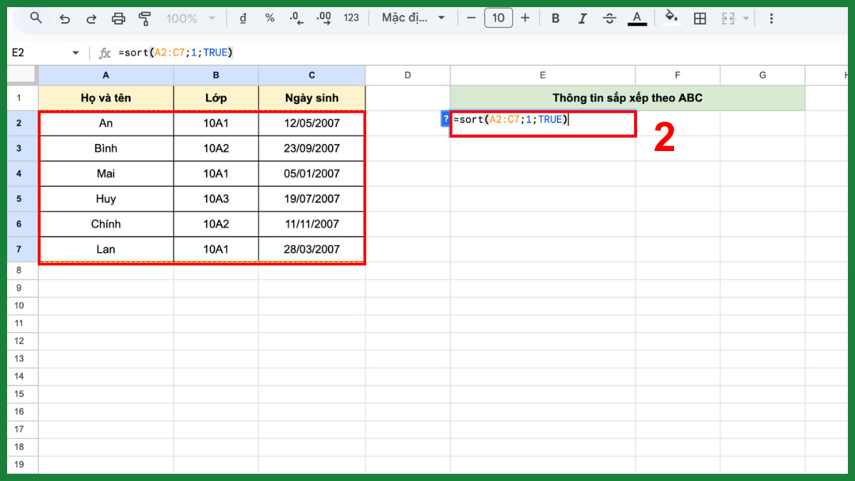 Cách sắp xếp tên theo ABC trong Google Sheet cho dữ liệu nhiều cột bước 2