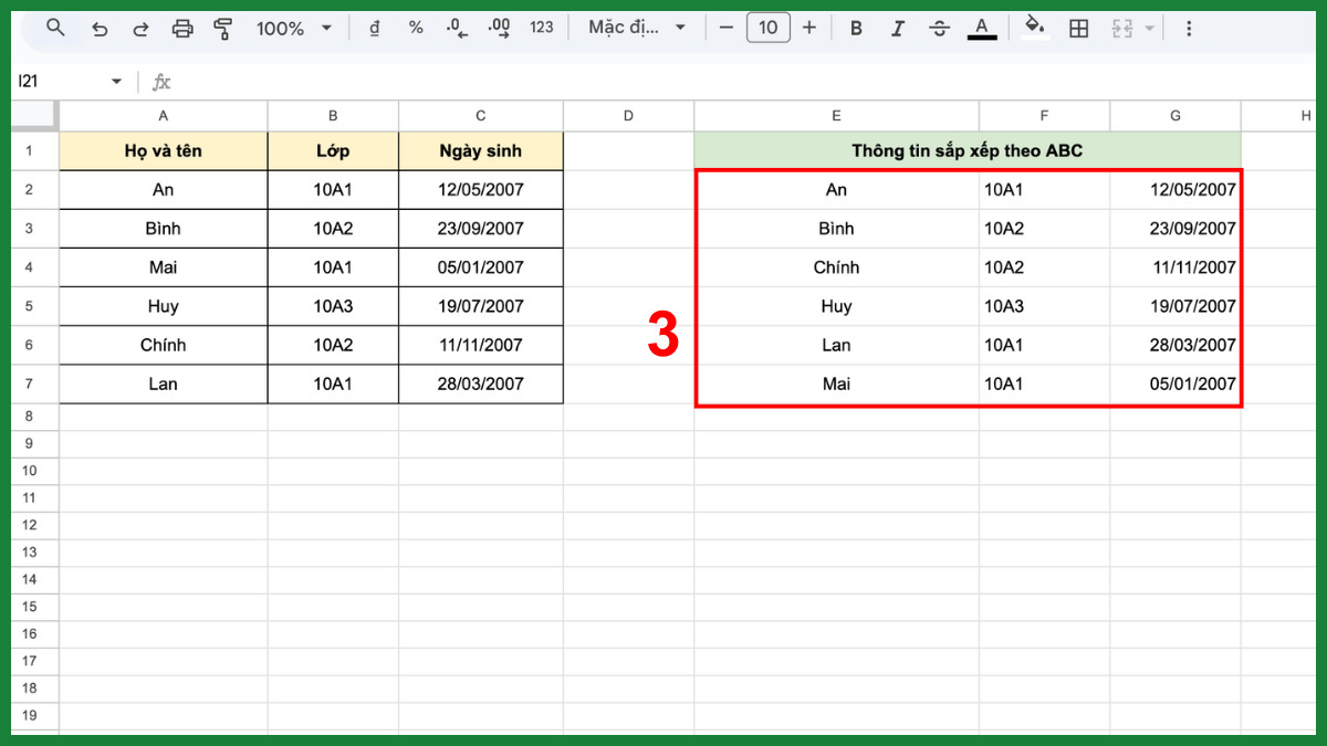 Cách sắp xếp tên theo ABC trong Google Sheet cho dữ liệu nhiều cột bước 4