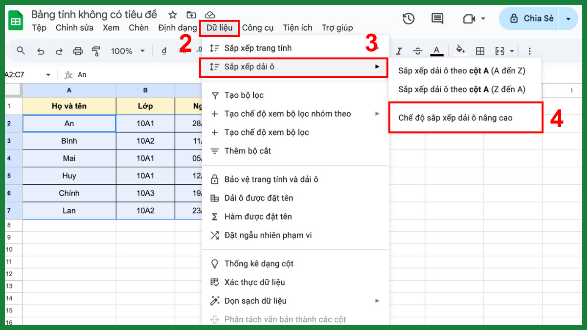 Sắp xếp bằng cách sử dụng các tùy chọn có sẵn bước 2