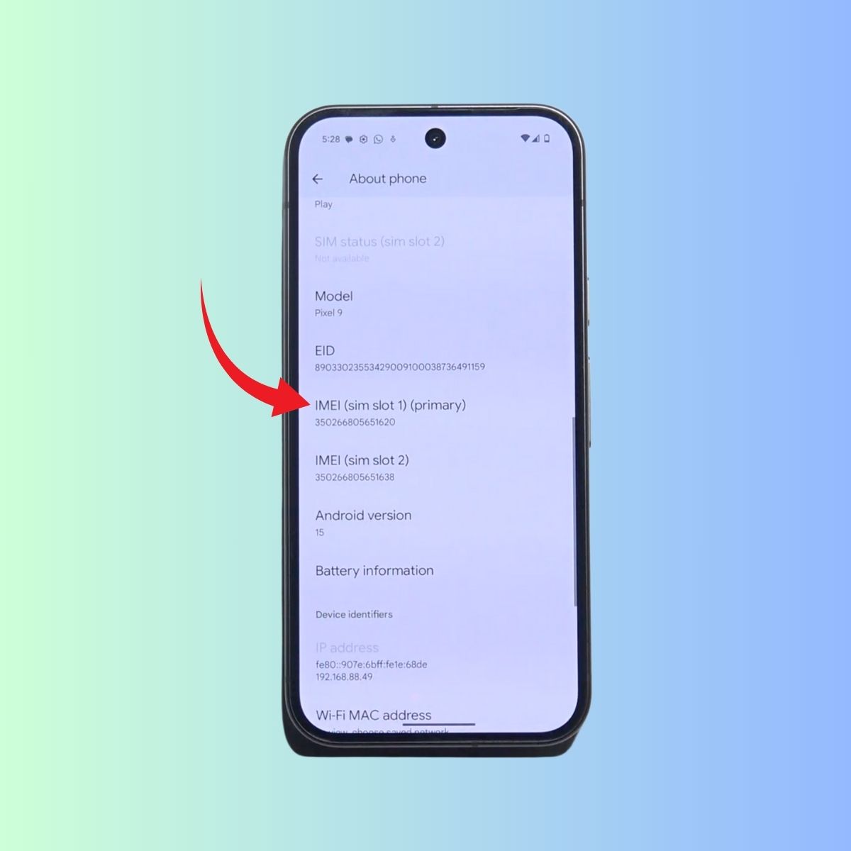 Check IMEI Google Pixel bước 3: Xem mã IMEI trong phần Giới thiệu của thiết bị