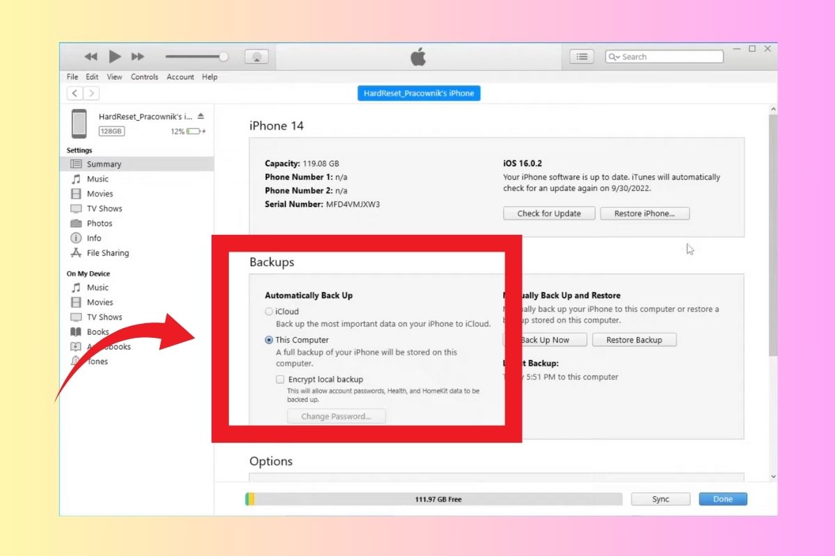 Chọn Back Up Now để sao lưu trước khi restore iPhone bằng iTunes