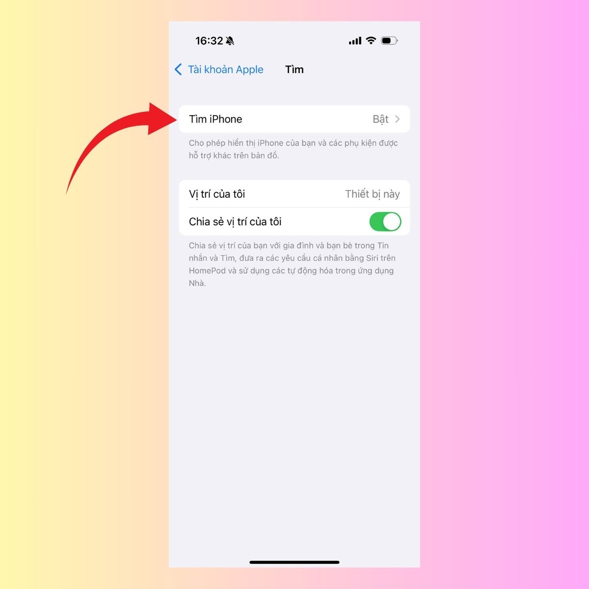 Chọn mục Find My iPhone để tắt trước khi restore iPhone bằng iTunes