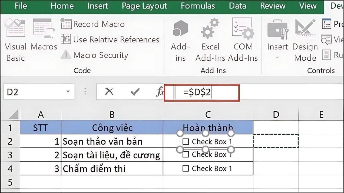 tạo dấu tick trong excel