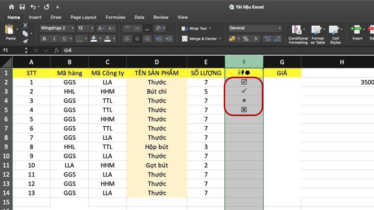 tạo dấu tick trong excel