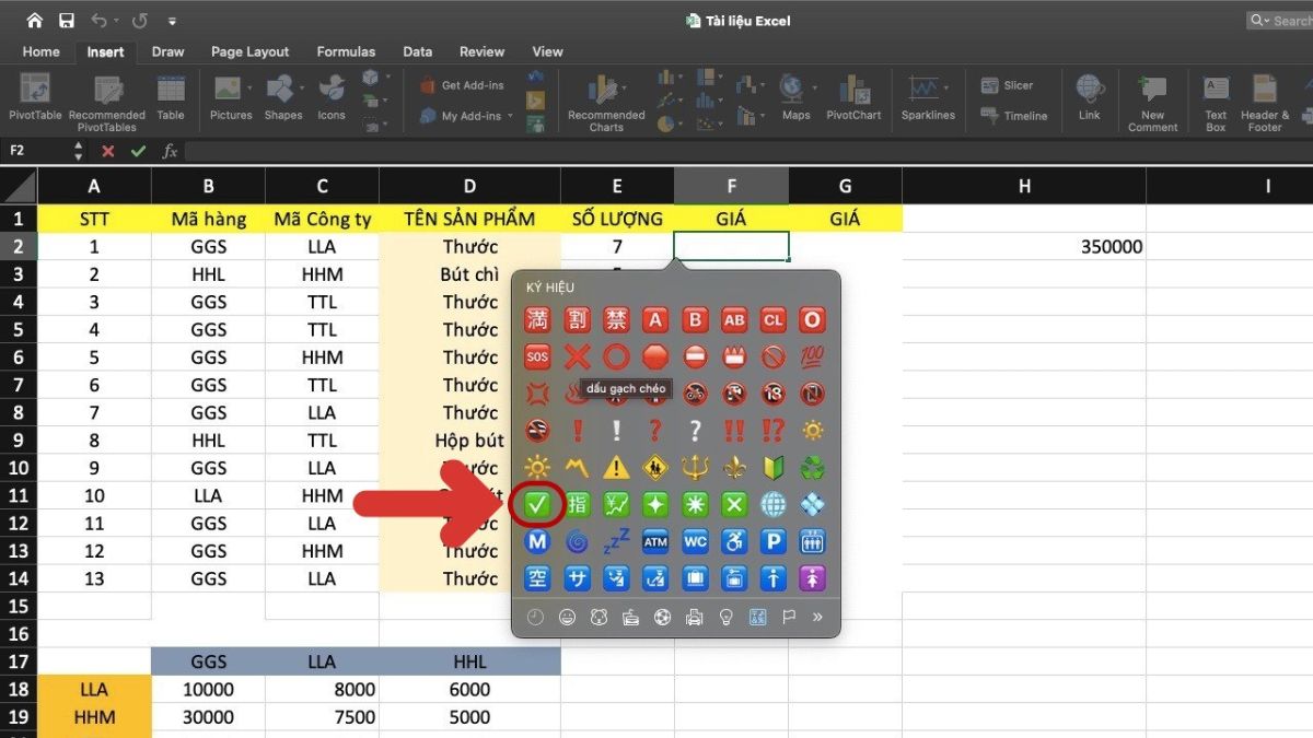 đánh dấu tick trong excel