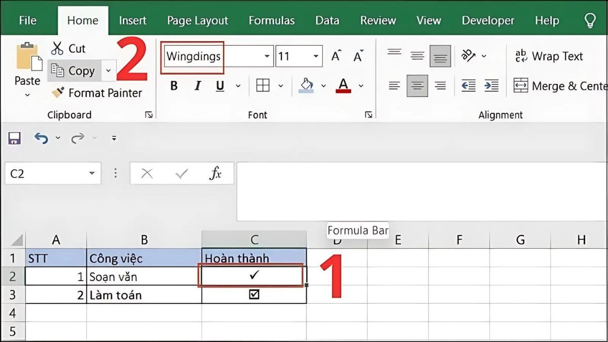 dấu tick trong excel