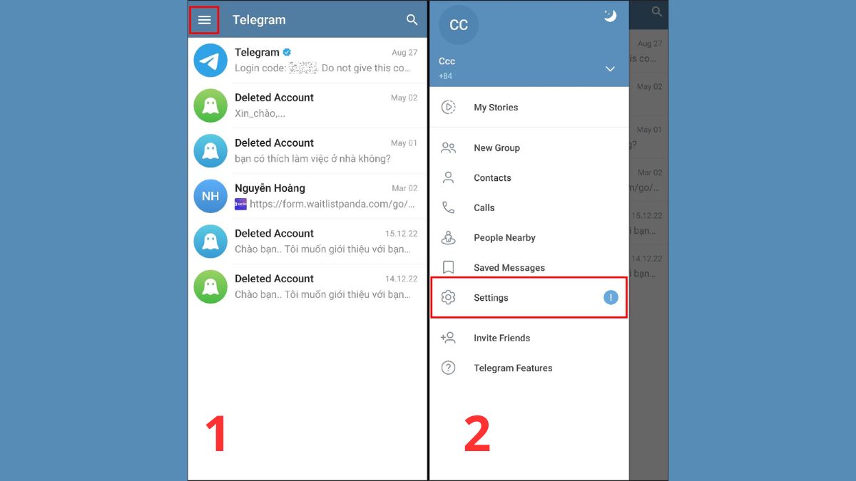 cách bảo mật tài khoản Telegram - Bật xác thực 2 yếu tố (2FA) - bước 1, 2