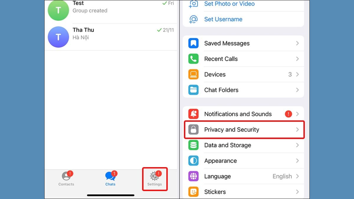 cách bảo mật tài khoản Telegram - Đặt mật khẩu khóa ứng dụng Telegram - bước 1