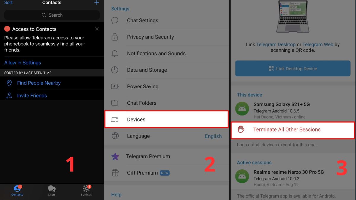 cách bảo mật tài khoản Telegram - Kiểm tra những thiết bị đang đăng nhập tài khoản