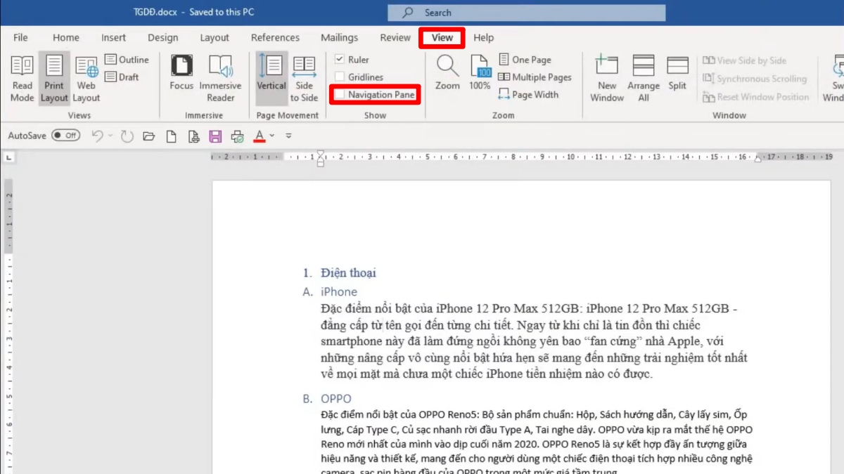 Cách chuyển trang trong Word bằng Navigation Pane bước 1