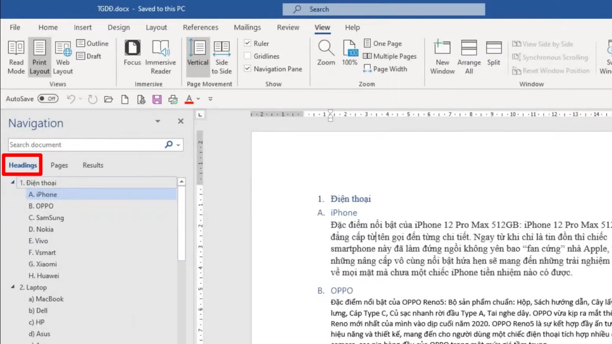Cách chuyển trang trong Word bằng Navigation Pane bước 2