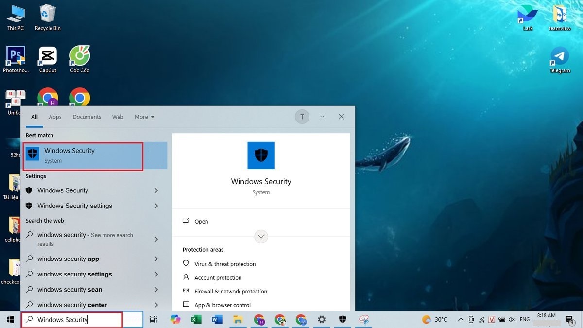 Vào Windows Security