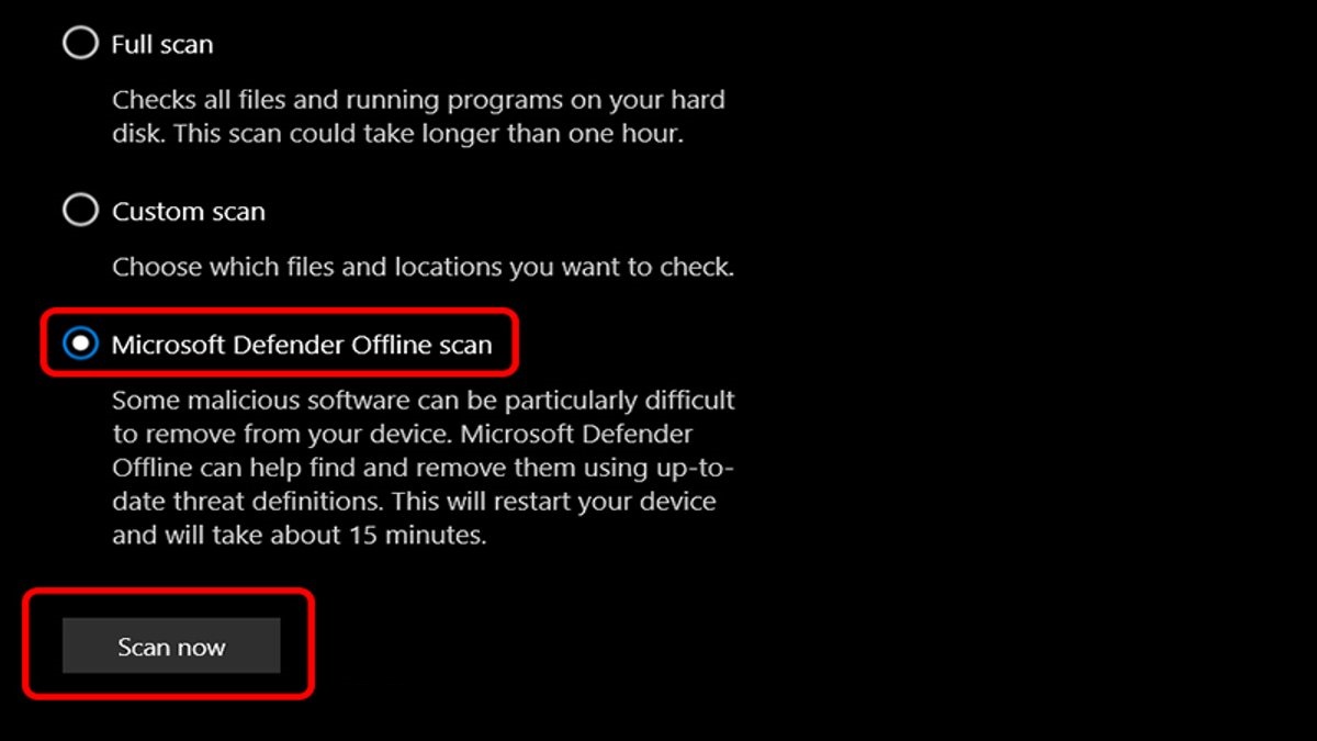 Sử dụng tính năng Windows Defender Offline Scan để diệt Virus