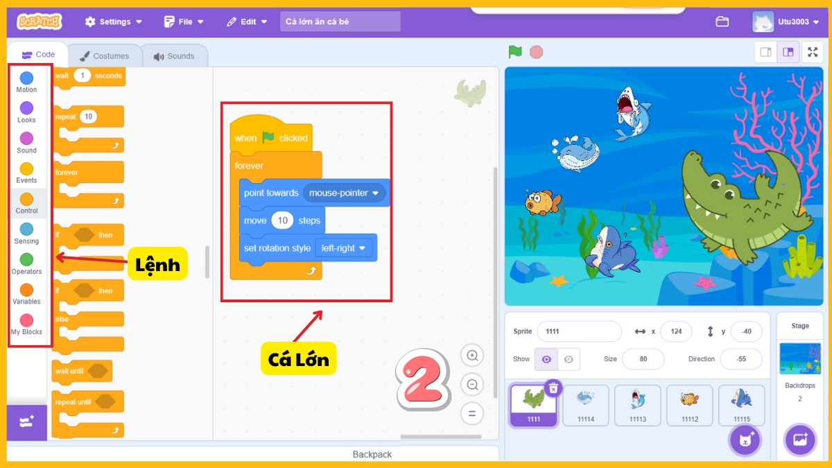 Cách làm Scratch Cá lớn ăn cá bé với nhân vật Cá Lớn