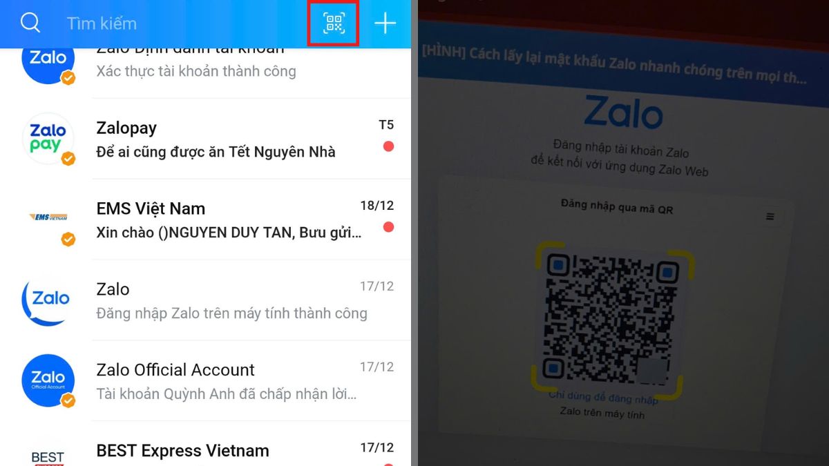 Lấy mật khẩu tài khoản Zalo bằng mã QR - bước 2