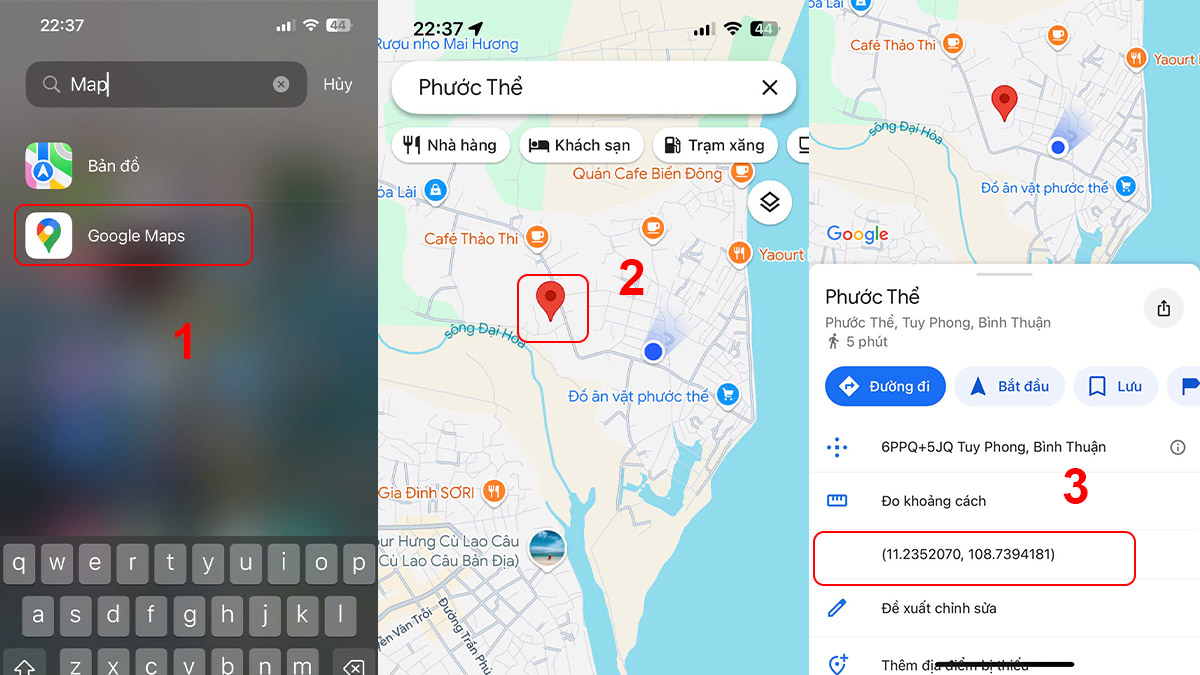 Cách lấy tọa độ trên Google Map bằng điện thoại bước 1 - 2 - 3