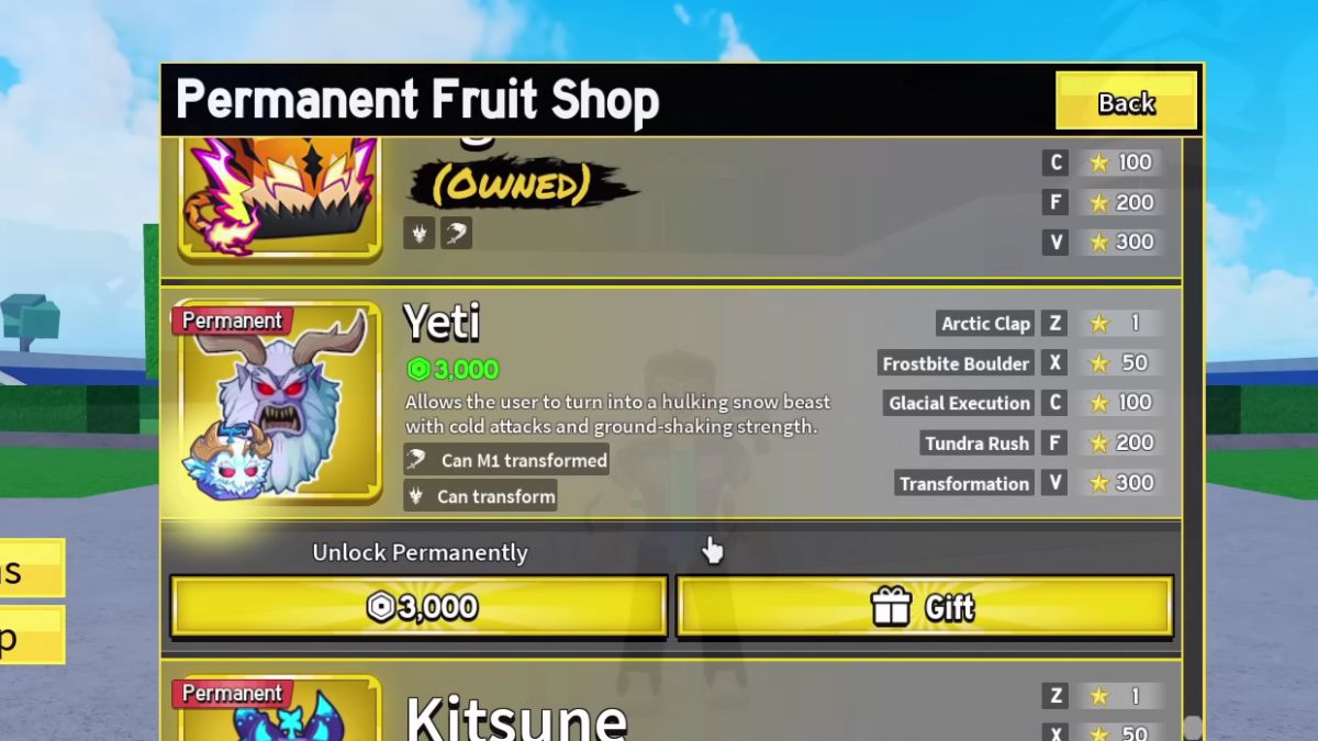 Cách sở hữu trái Yeti trong Blox Fruits Mua từ shop khi xuất hiện