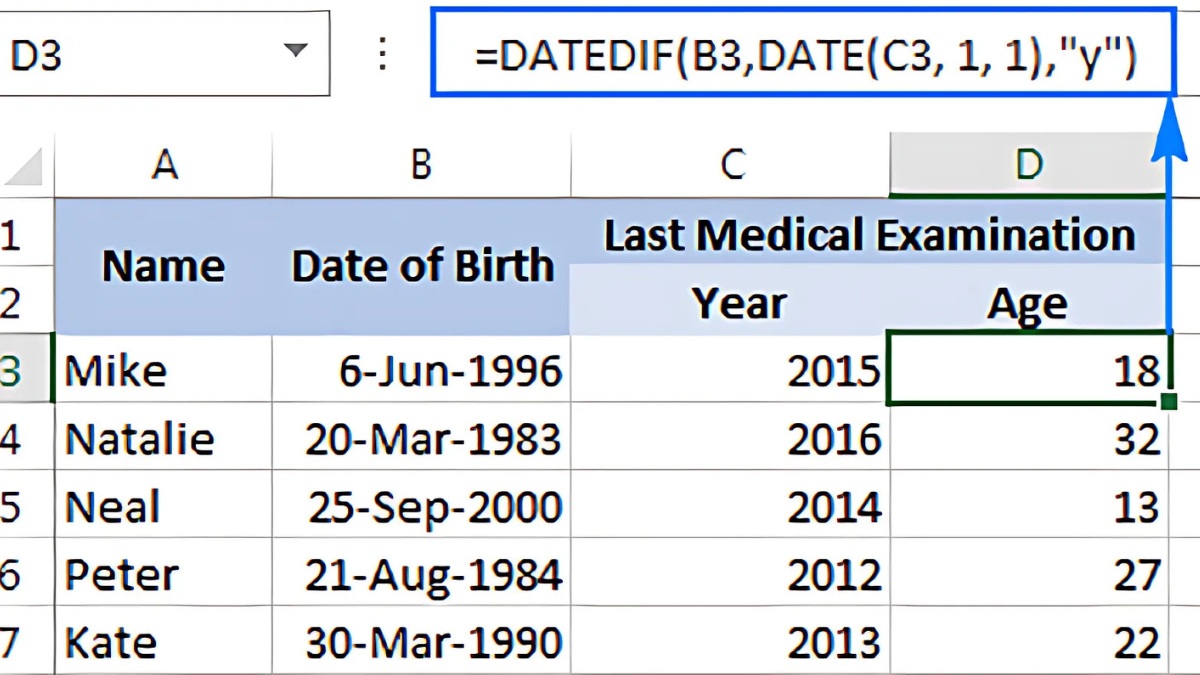 Cách tính tuổi trong Excel cách 3