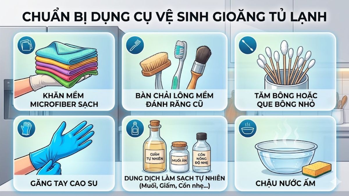 Chuẩn bị dụng cụ vệ sinh gioăng cao su tủ lạnh