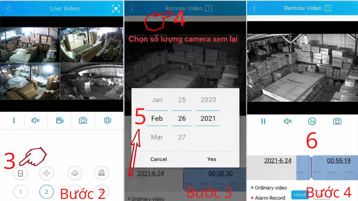 Cách xem lại lịch sử camera Samtech và Beco - bước 2,3,4