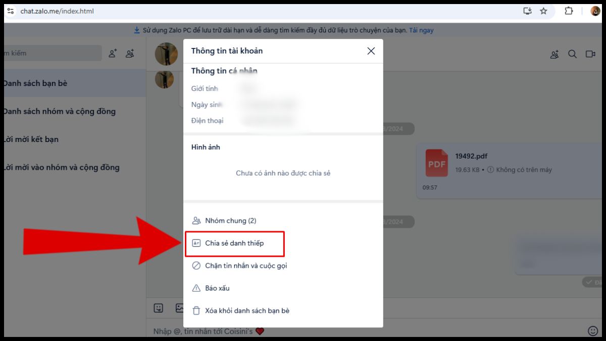 Cách gửi danh thiếp chia sẻ danh bạ zalo cho nhiều người khác trên PC bước 3