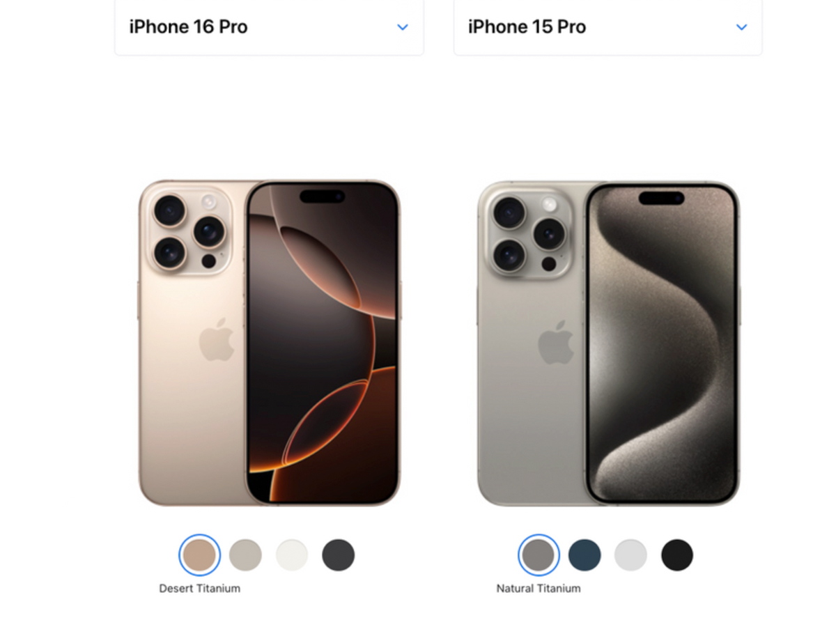 Các phiên bản màu sắc của iPhone 16 Pro so với iPhone 15 Pro. Ảnh: Apple
