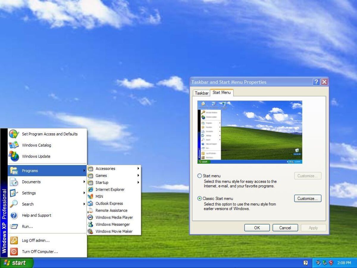 thiết kế cổ điển của menu Bắt đầu trên Windows XP