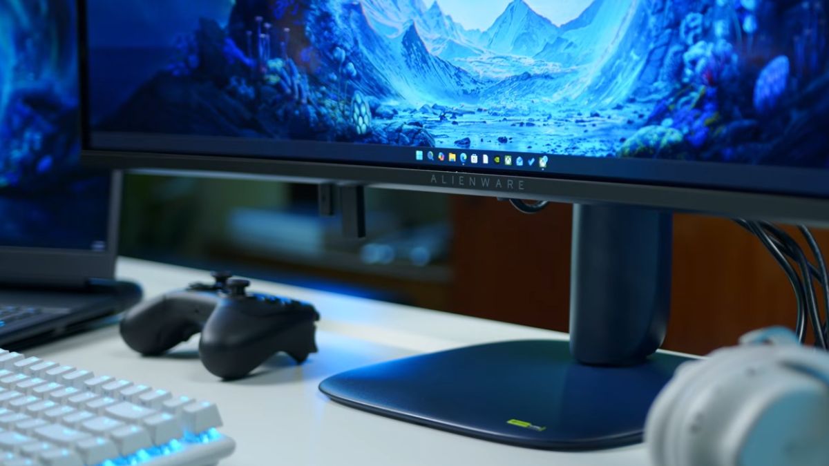 Đánh giá Alienware AW3426DW với các cổng USB-A và USB-C ở cạnh dưới màn hình.