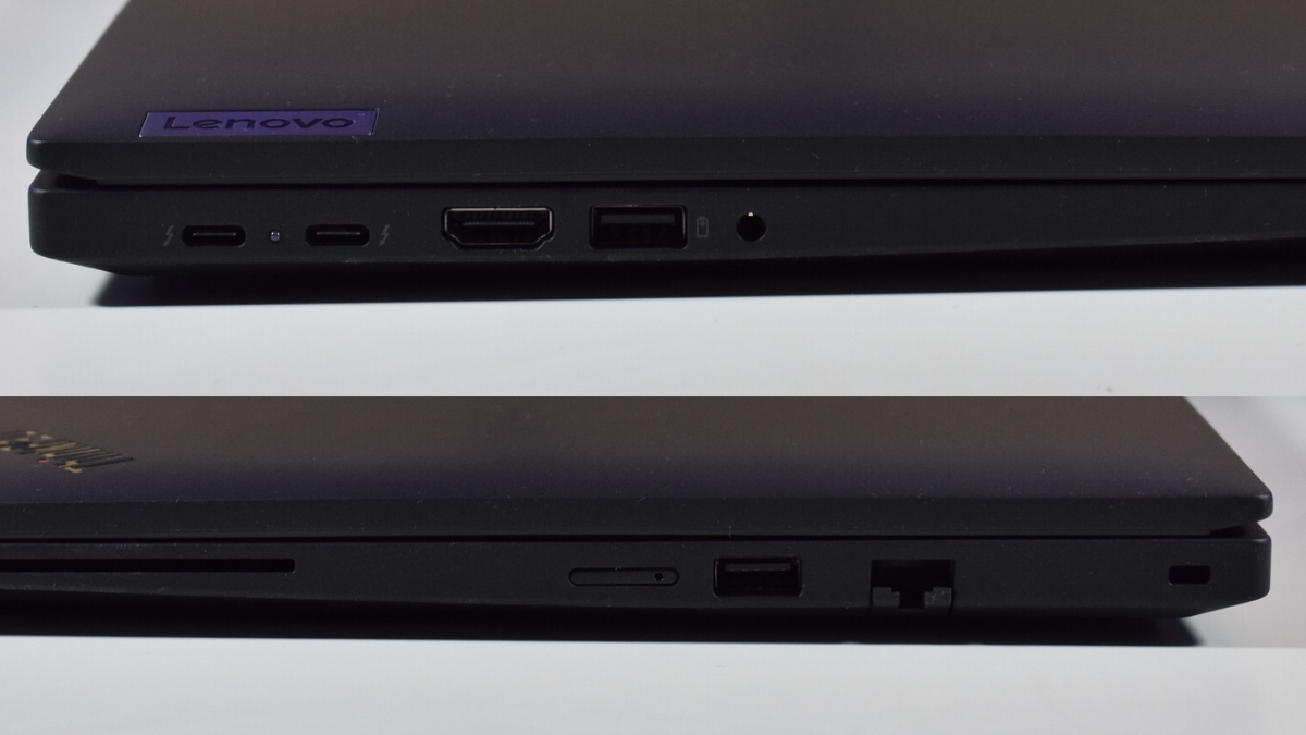 Đánh giá Lenovo ThinkPad T14 Gen 6 Intel với bố trí cổng kết nối hợp lý: bên trái gồm 2x Thunderbolt 4, HDMI, USB-A 3.2 Gen 1 và giắc 3.5mm Audio; bên phải gồm Smartcard reader, nanoSIM, USB-A 3.2 Gen 1 và RJ45-Ethernet, thuận tiện cho văn phòng và doanh nhân.