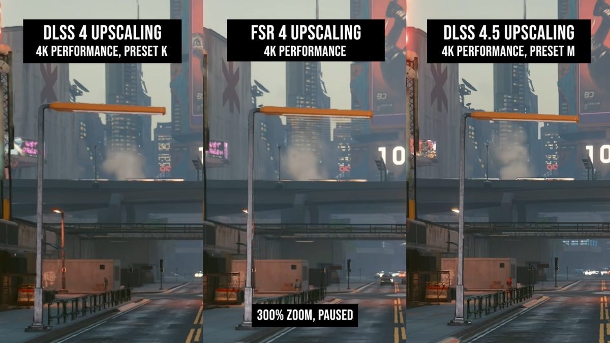 So sánh DLSS 4.5 vs FSR 4 minh hoạ khả năng giảm bóng mờ kéo đuôi và cải thiện độ rõ khi vật thể chuyển động trong game