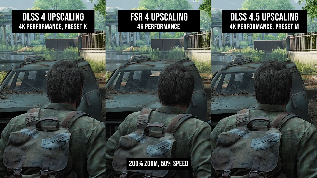 So sánh DLSS 4.5 vs FSR 4 minh hoạ khả năng xử lý lỗi lộ nền khi vật thể chuyển động và hậu cảnh xuất hiện lại trong game