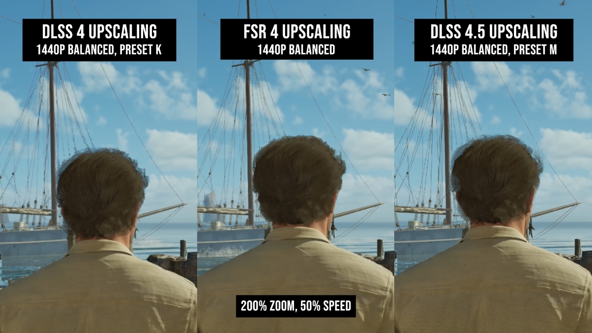 So sánh DLSS 4.5 vs FSR 4 minh hoạ chất lượng hiển thị tóc và hiệu ứng hạt như bụi tuyết tia sáng trong các tựa game AAA