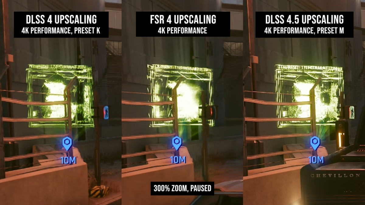 Kết quả tương tự cũng xuất hiện ở Mafia: The Old Country và Cyberpunk 2077, nơi DLSS 4.5 vừa giữ độ ổn định tốt vừa bảo toàn chi tiết rõ hơn, còn FSR 4 thường mềm và khó dựng lại các đường nét nhỏ như hàng rào. Trong Spider-Man 2, DLSS 4.5 cũng thể hiện ưu thế rõ rệt ở các lớp hàng rào chồng lên nhau, và để đạt độ nét gần tương đương thì FSR 4 thường phải nâng lên chế độ ưu tiên chất lượng.