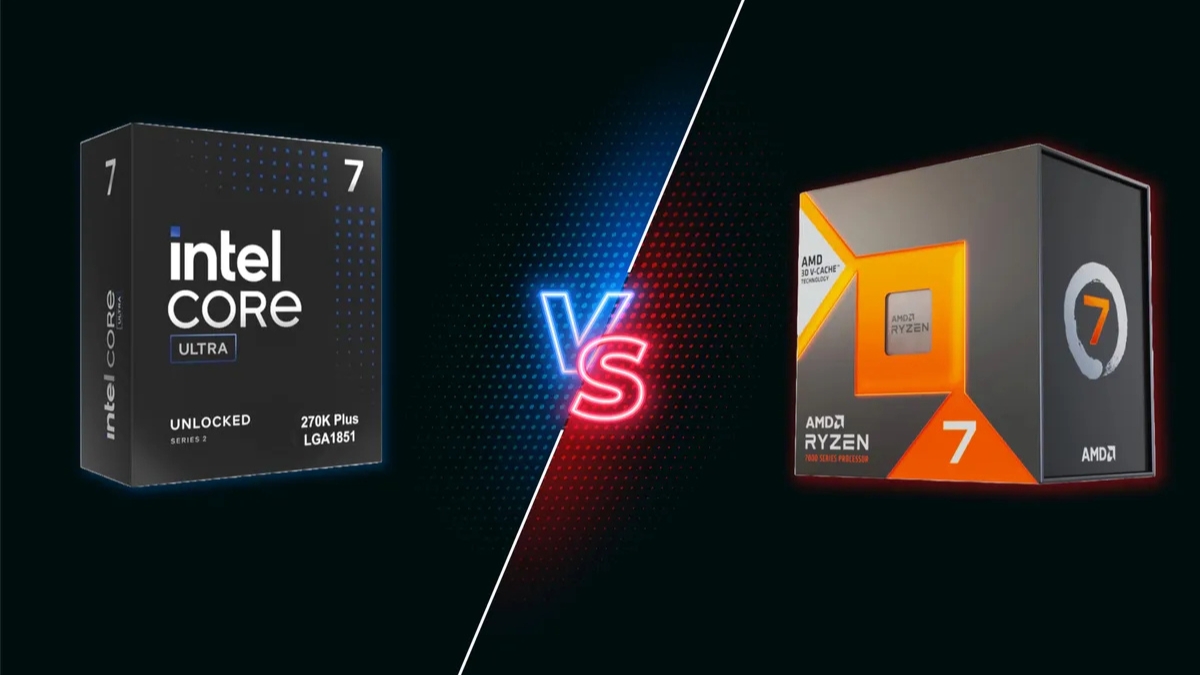 So sánh Intel Core Ultra 7 270K Plus và Ryzen 7 7700X3D trong ảnh minh họa đối đầu hai CPU