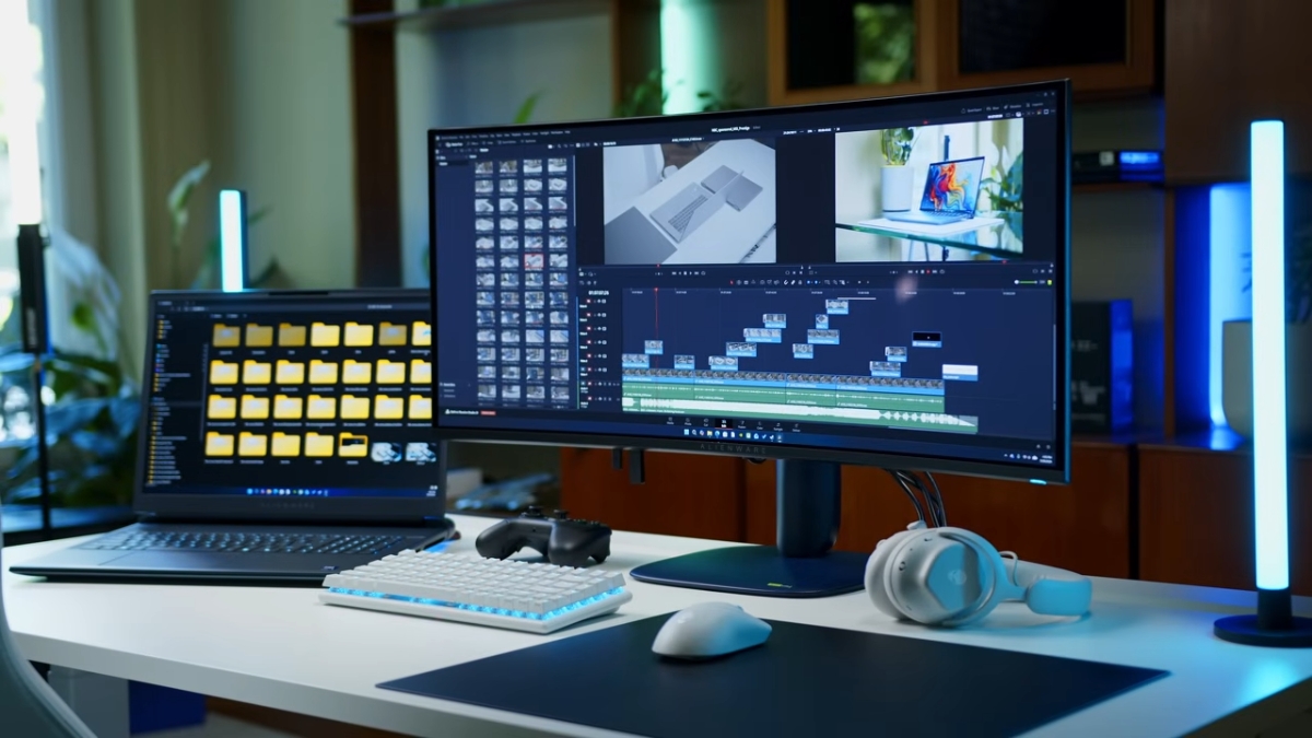 Trên tay Alienware 34 inch QD-OLED hiển thị không gian làm việc ultrawide với nhiều cửa sổ ứng dụng mở song song phục vụ đa nhiệm và chỉnh sửa nội dung