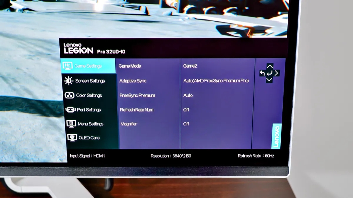 Trên tay Lenovo Legion OLED 4K 240Hz với giao diện thiết lập trên màn hình