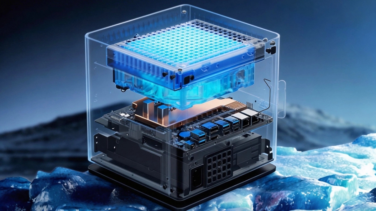 Trên tay máy trạm AI mini Thunderobot với phần viền vát và khu vực tản nhiệt nước