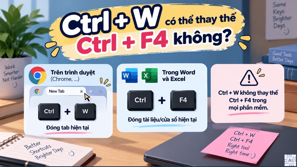 Ctrl + W có thể thay thế Ctrl + F4 trong một số tình huống nhất định.