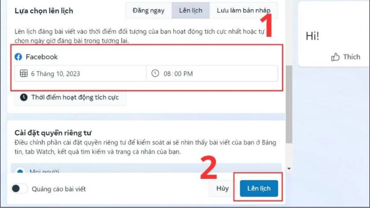 cách lên lịch đăng bài trên Fanpage Facebook bước 3