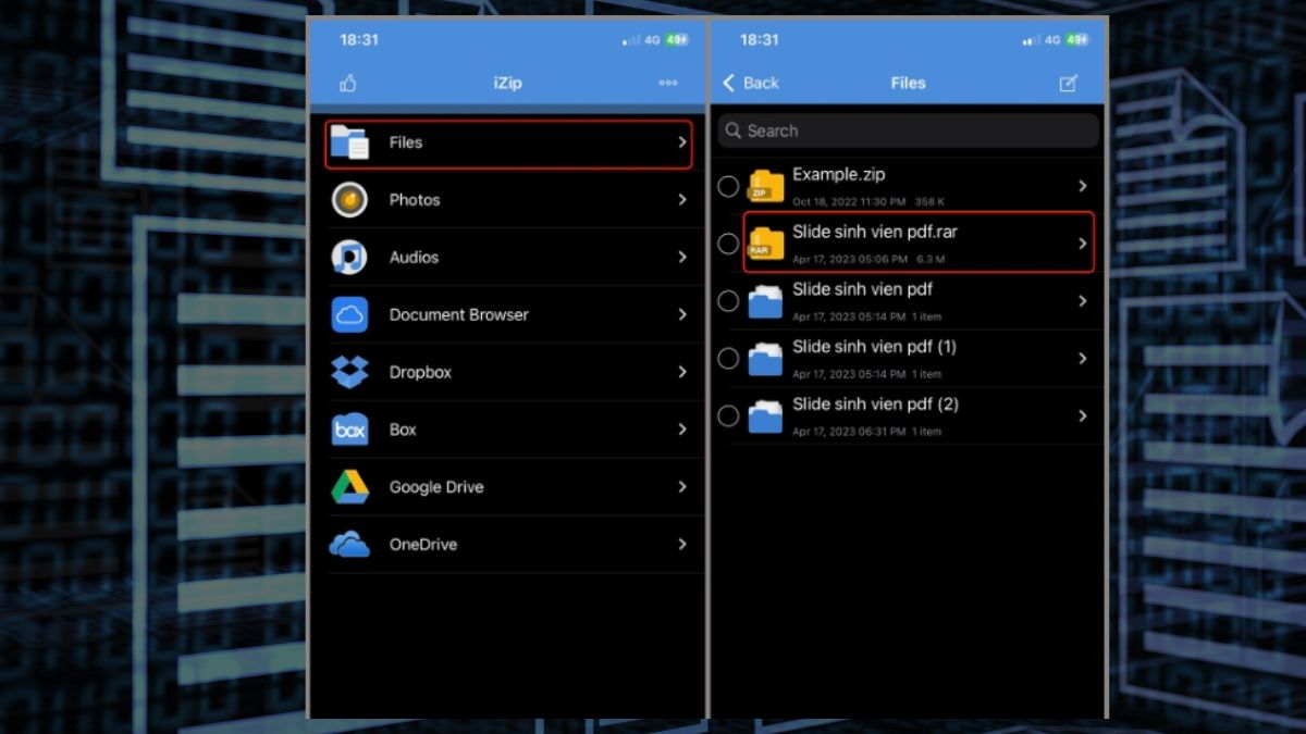 Sử dụng iZip hoặc WinZip để mở file RAR trên iPhone bước 1