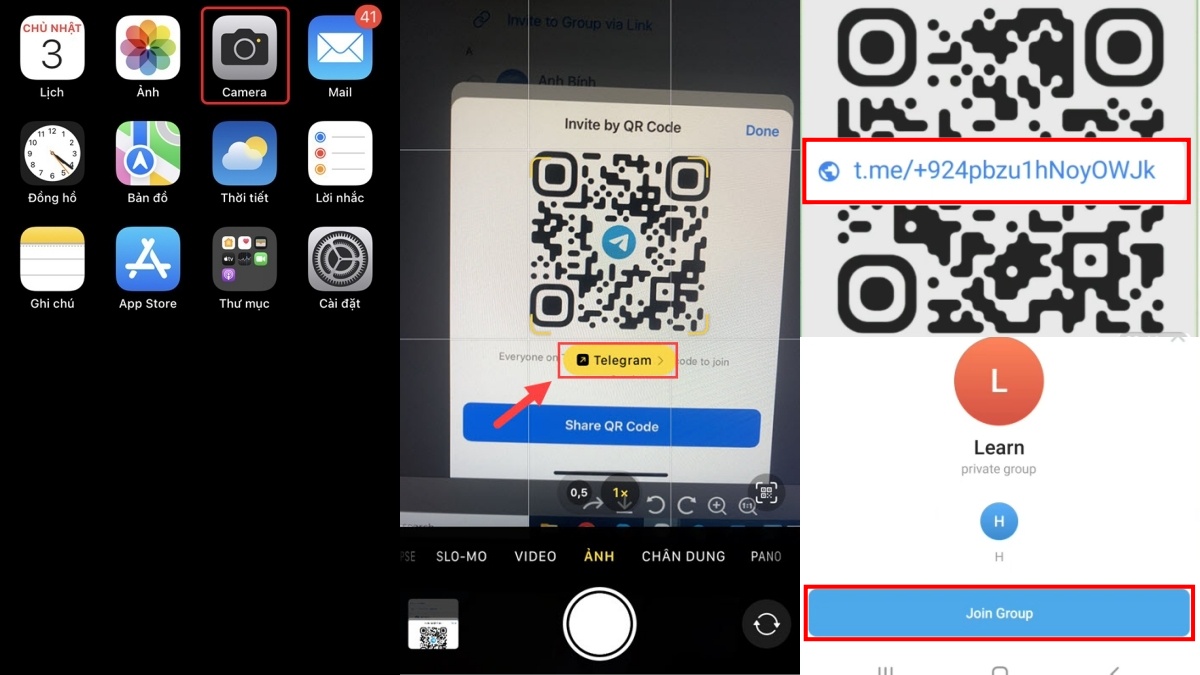 Quét mã QR Telegram vào nhóm trên iPhone bước 1