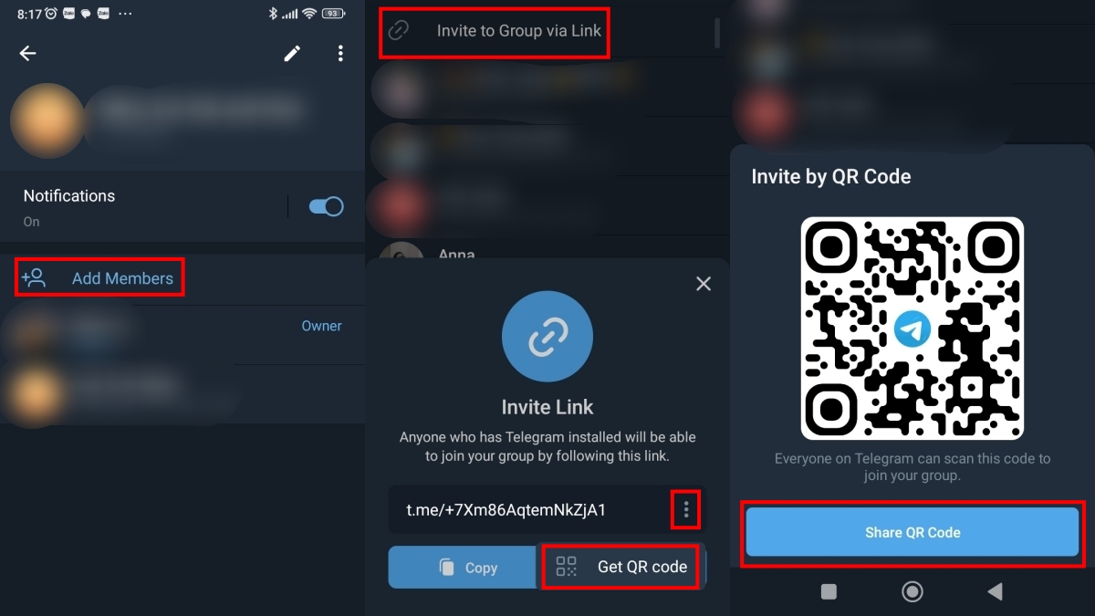 Cách lấy mã mã QR code để gửi bạn bè vào nhóm trên Telegram