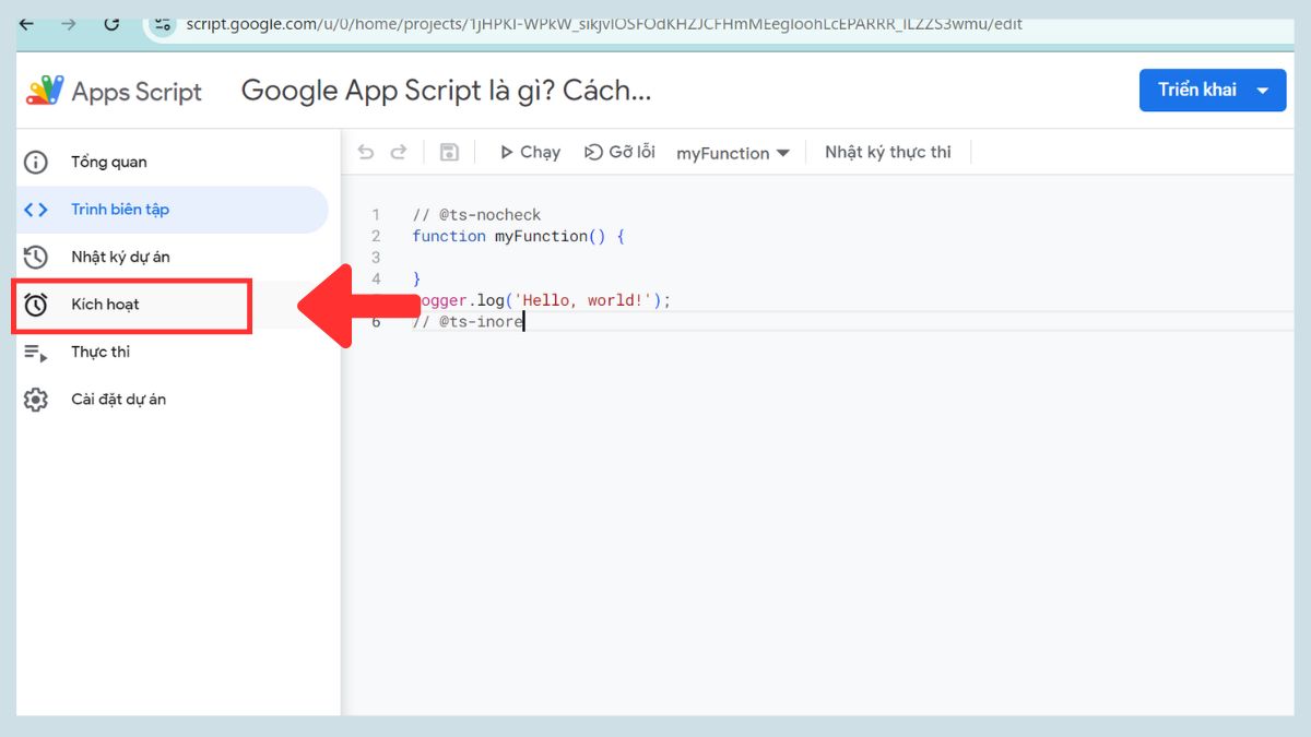 Thao tác 5 với Google Apps Script bước 1