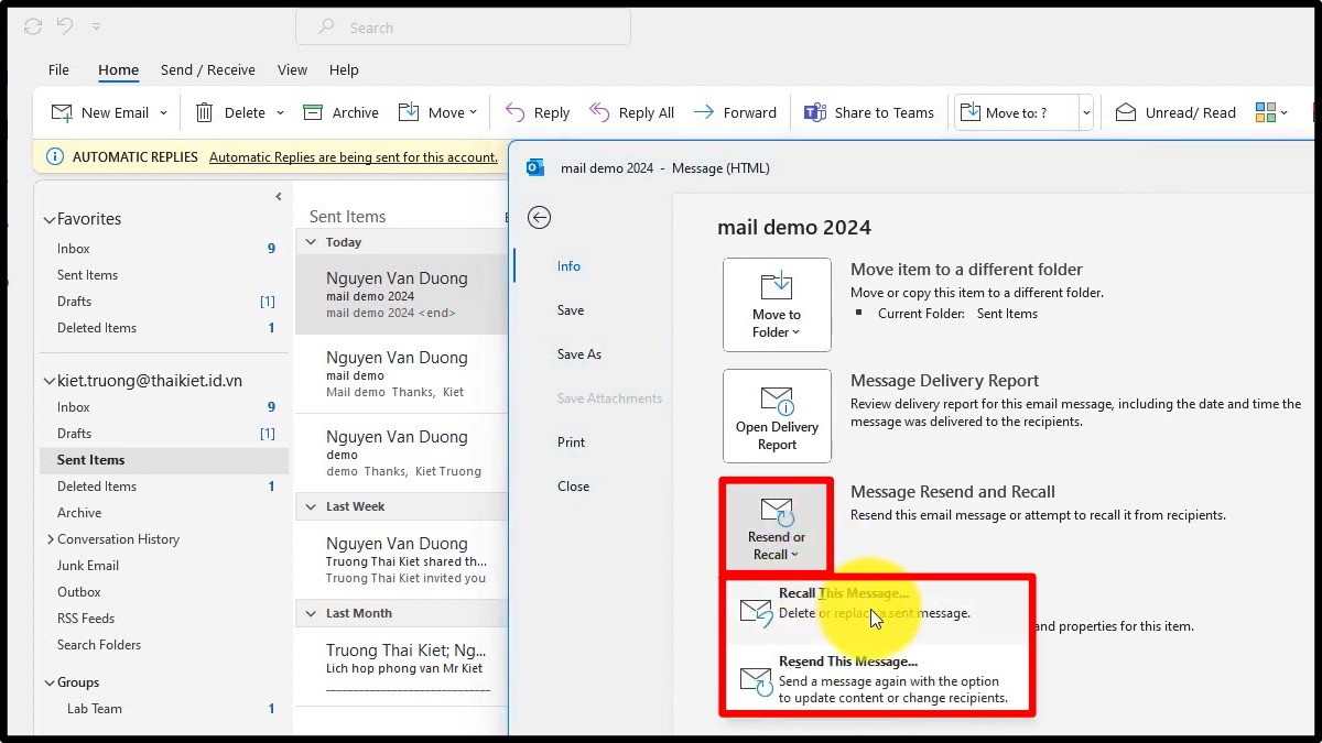 Cách thu hồi email đã gửi trong Outlook bước 3