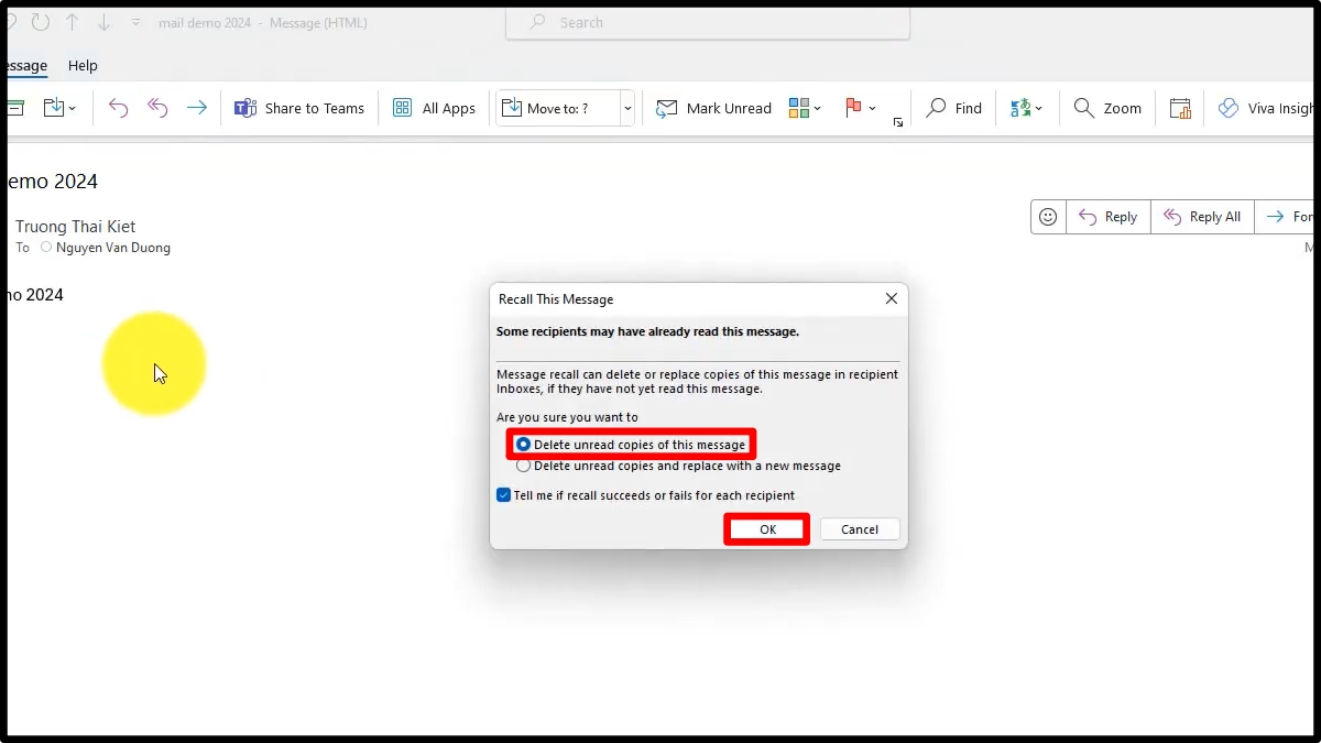 Cách thu hồi email đã gửi trong Outlook bước 4